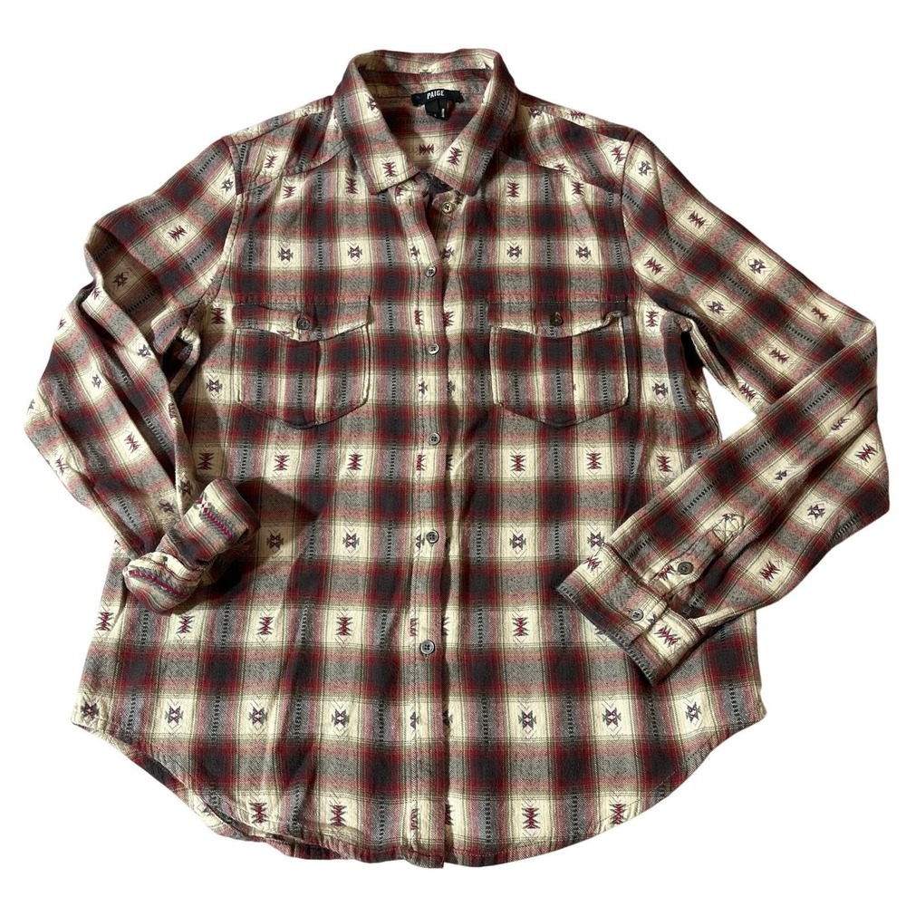 PAIGE Womens‎ Lightweight Flannel Button Shirt Size M Western Plaid Red Cream